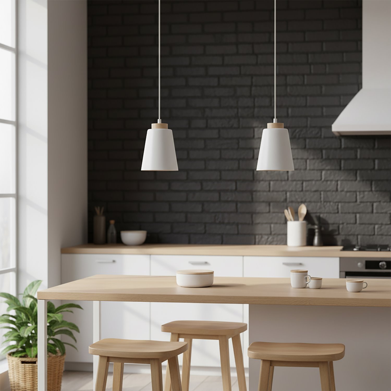 Lampa wisząca Bolero 1-punktowa w białym kolorze, z ceramicznym kloszem o stożkowym kształcie i drewnianym wykończeniem. Zawieszona nad drewnianym stołem w nowoczesnej kuchni, na tle szarej ceglanej ściany.