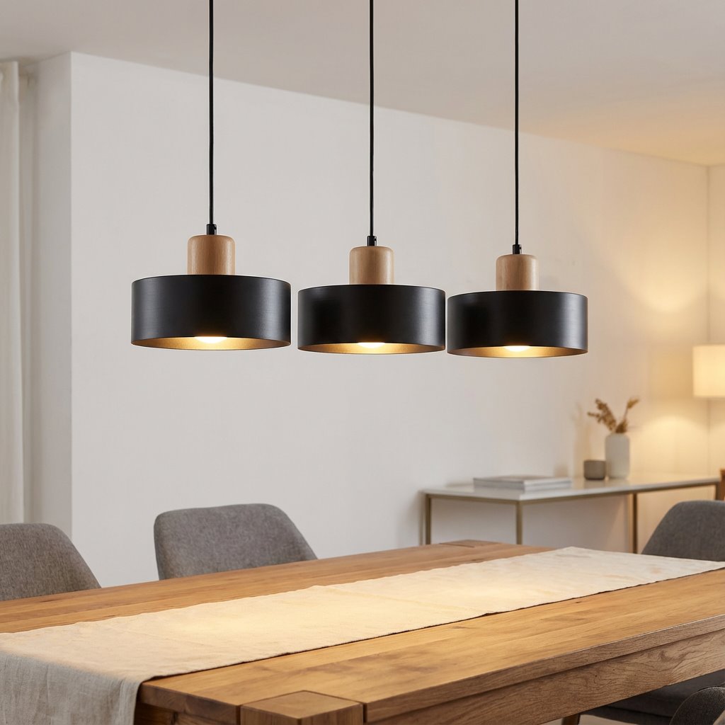Trzy-punktowa lampa wisząca Torin w kolorze czarnym, z drewnianymi elementami, zawieszona nad drewnianym stołem. Okrągłe klosze z metalicznym wykończeniem skierowane w dół, na tle jasnej ściany. Idealna do nowoczesnych wnętrz.