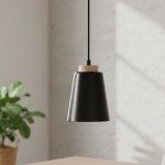 Lampa wisząca Bolero 1-punktowa w kolorze czarnym z drewnianym elementem u góry. Wisi na czarnym przewodzie, ma stożkowy kształt. Tło jasne, z rośliną w doniczce po lewej stronie.