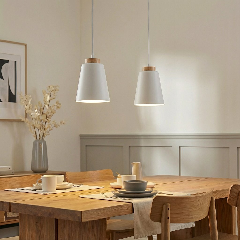 Lampa wisząca Bolero 2-punktowa w kolorze białym z drewnianymi detalami. Zawieszona nad drewnianym stołem, o nowoczesnym kształcie, w otoczeniu ceramicznych naczyń i dekoracji. Kąt ujęcia frontalny, ukazujący detale i kontekst użytkowania.