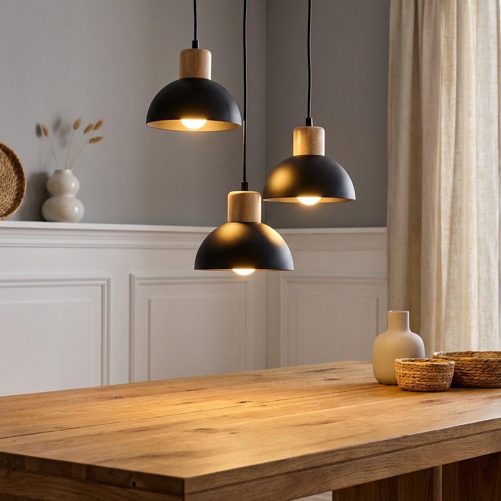 Lampa wisząca Seco 3xE27 w kolorze czarnym z jasnym drewnem. Trzy klosze w kształcie półkul, zawieszone na czarnych przewodach, nad drewnianym blatem. Na tle jasnej ściany i zasłon. Widoczne elementy dekoracyjne w aranżacji wnętrza.