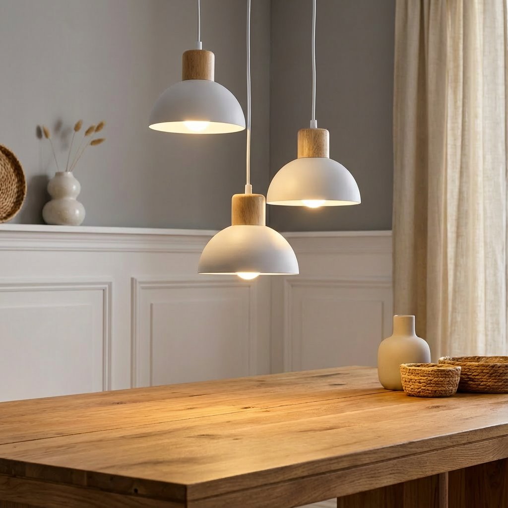 Lampa wisząca Seco z trzema kloszami w białym kolorze i drewnianymi detalami, zawieszona nad drewnianym stołem. Klosze mają kształt półkulisty, a lampa oświetla przestrzeń, tworząc przytulną atmosferę. Tło z jasnymi zasłonami i dekoracjami.
