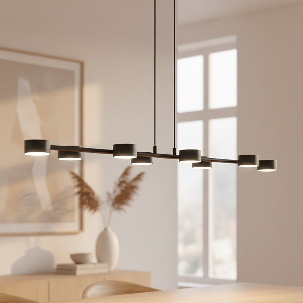 Lampa wisząca Megara czarna z ośmioma punktami świetlnymi, zawieszona na dwóch cienkich linkach. W tle widoczne okno oraz elementy dekoracyjne, takie jak wazon i rośliny. Produkt w aranżacji wnętrza, na jasnym tle.
