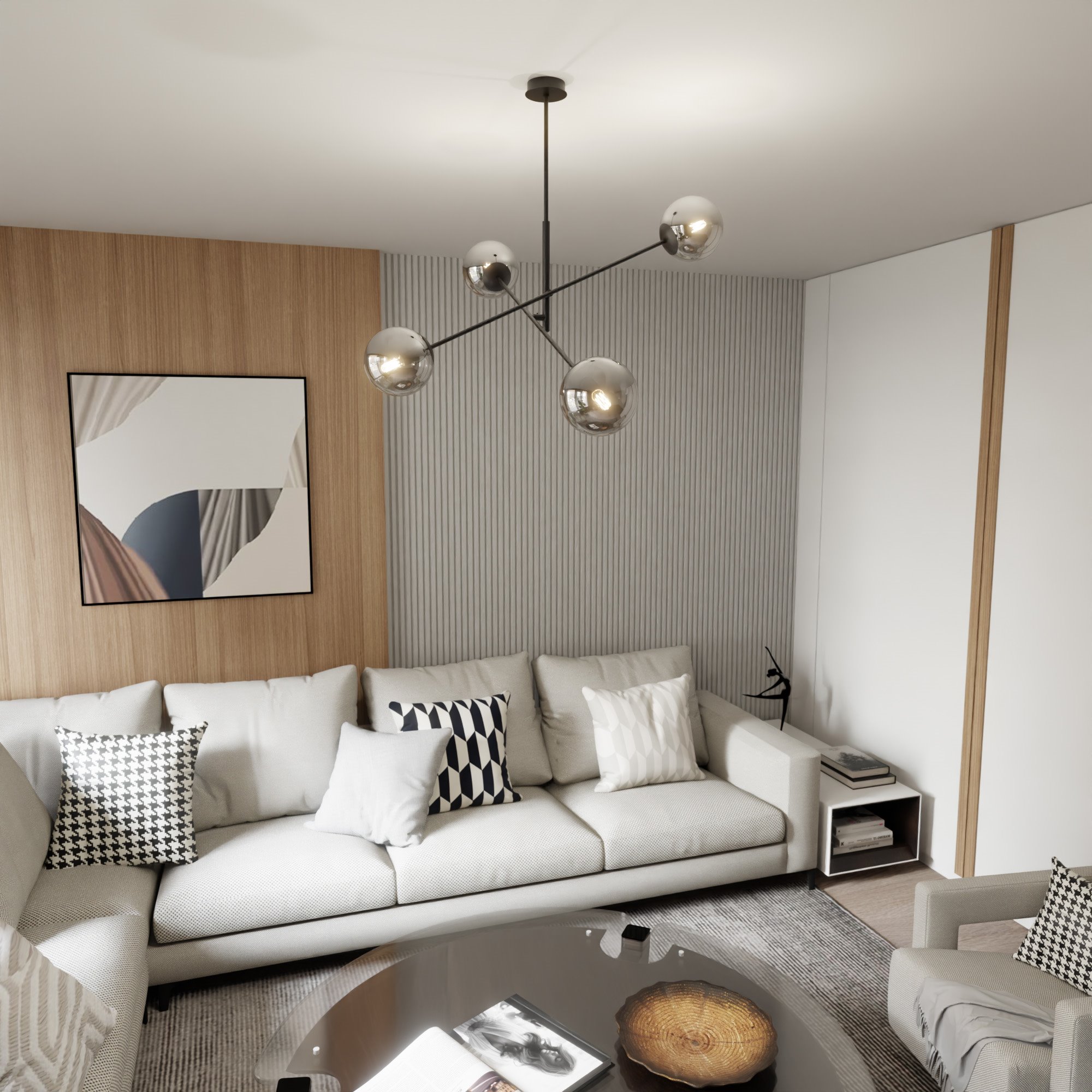 Czarna/grafitowa lampa wisząca Linear 4-punktowa, z pięcioma okrągłymi kloszami w metalicznym wykończeniu, zawieszona w nowoczesnym wnętrzu. Lampa umieszczona centralnie nad okrągłym stołem, w tle jasna ściana z dekoracyjnym panelem.