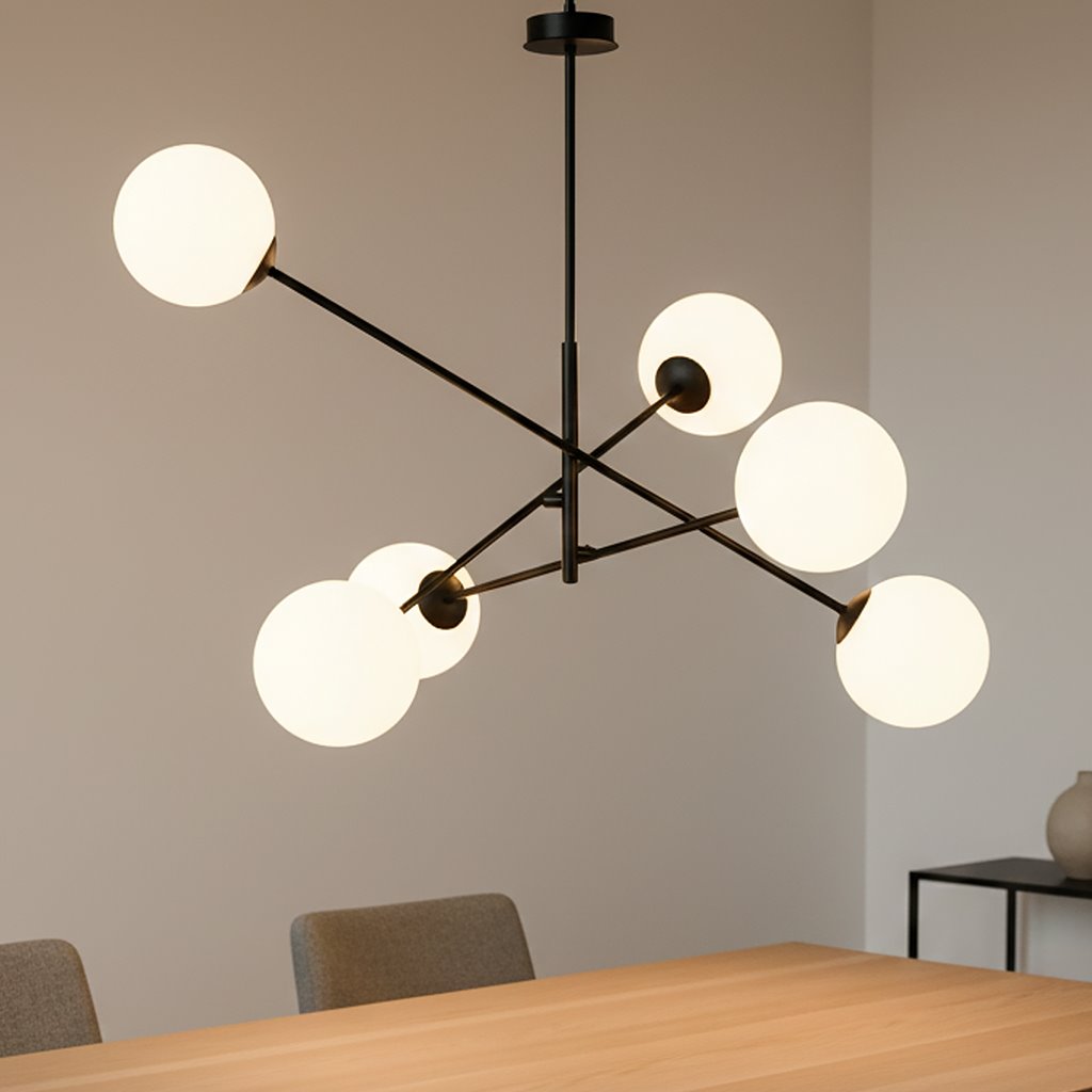 Lampa wisząca Linear 6-punktowa w kolorze czarnym i białym, z sześcioma okrągłymi kloszami z mlecznego szkła, zawieszona na cienkiej, czarnej konstrukcji. Ujęcie frontalne, lampa umieszczona nad drewnianym stołem w jasnym wnętrzu.