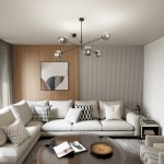 Lampa wisząca Linear 6-punktowa w kolorze czarnym i grafitowym, z sześcioma kulistymi kloszami, zawieszona w nowoczesnym wnętrzu, nad szarym narożnikiem. Tło to drewniana ściana z obrazem oraz jasne zasłony.