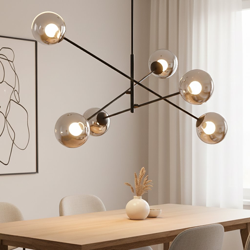 Lampa wisząca Linear 6-punktowa w kolorze czarnym i grafitowym, z sześcioma okrągłymi kloszami z przezroczystego szkła, zawieszona nad drewnianym stołem. Widok z boku, w jasnym wnętrzu z zasłonami i dekoracyjnym wazonem.