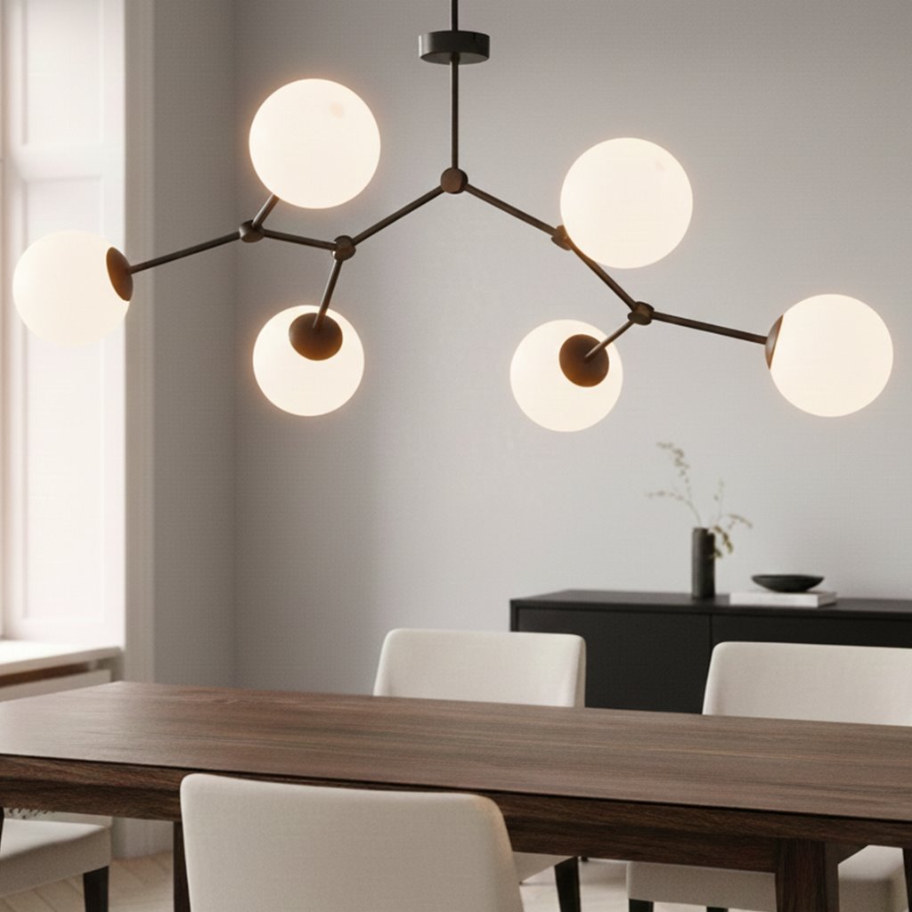 Lampa sufitowa Space 6-punktowa w kolorze czarnym i białym, z sześcioma okrągłymi kloszami z matowego szkła. Zawieszona w poziomie, z ramionami w geometrycznym układzie. Tło jasnoszare, w aranżacji z drewnianym stołem i białymi krzesłami.