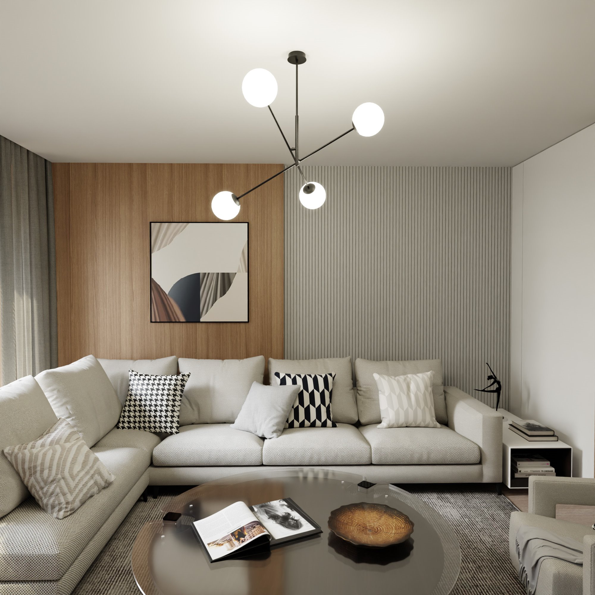 Czarna i biała lampa wisząca 4-punktowa Linear, z czterema okrągłymi kloszami, zawieszona na cienkich, czarnych ramionach. Lampa umieszczona w nowoczesnym wnętrzu z jasną kanapą i drewnianą ścianą.