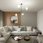 Czarna i biała lampa wisząca 4-punktowa Linear, z czterema okrągłymi kloszami, zawieszona na cienkich, czarnych ramionach. Lampa umieszczona w nowoczesnym wnętrzu z jasną kanapą i drewnianą ścianą.