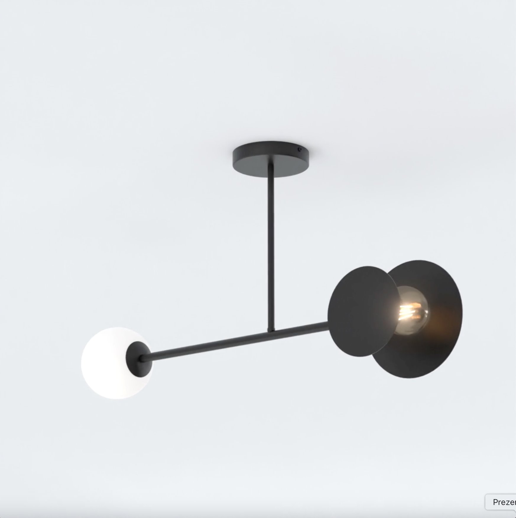 Czarna lampa sufitowa Minerva 2-punktowa, z dwoma okrągłymi kloszami: jeden czarny z przezroczystym żarnikiem, drugi biały. Uchwyt montażowy w kolorze czarnym, lampa zawieszona na prostym ramieniu, na tle jasnego sufitu.