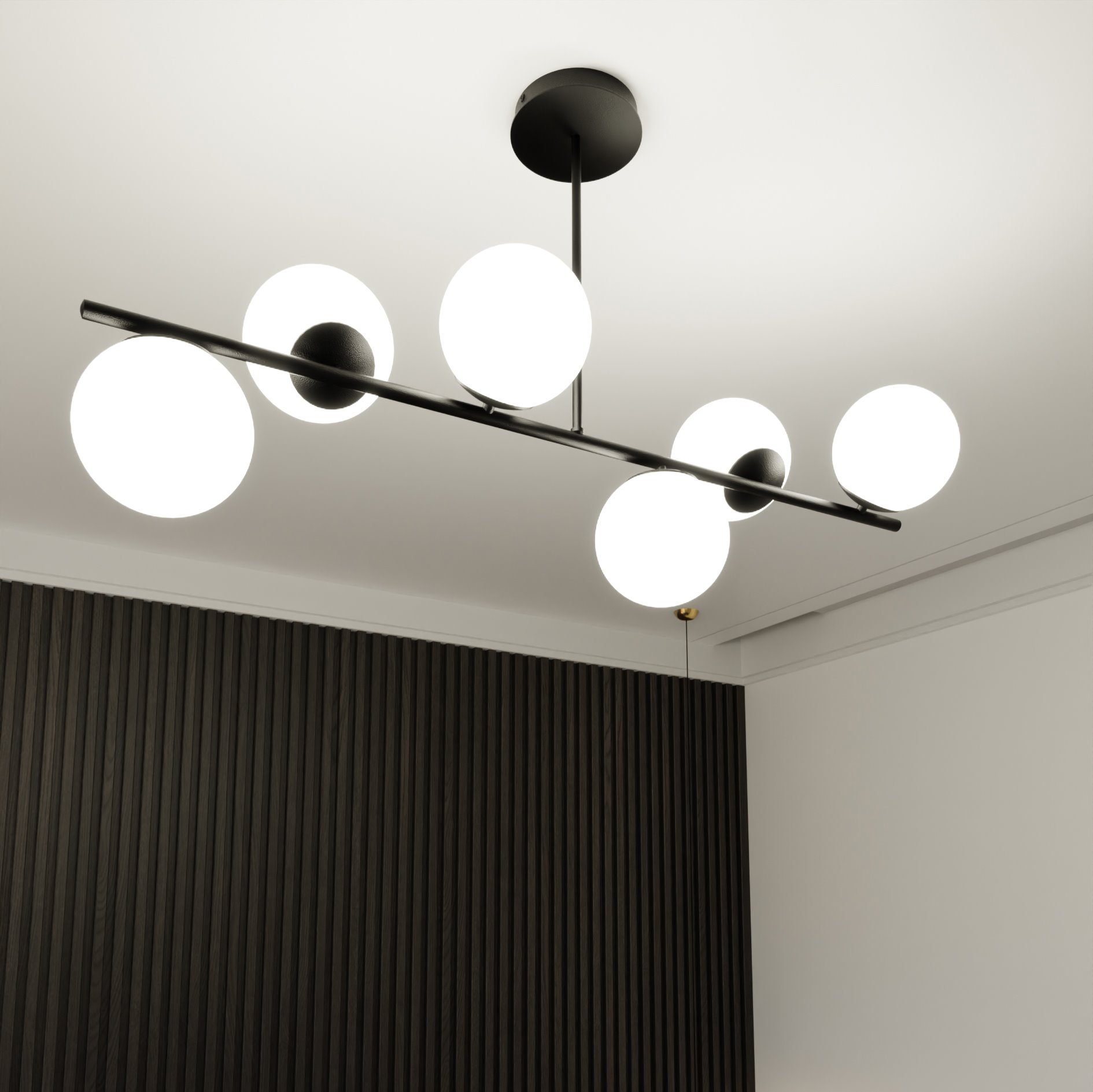Lampa wisząca Bior 6-punktowa w kolorze czarnym, z metalową konstrukcją i sześcioma okrągłymi, białymi kloszami. Ujęcie z dołu, montowana do sufitu, w nowoczesnym wnętrzu z ciemną ścianą w tle.