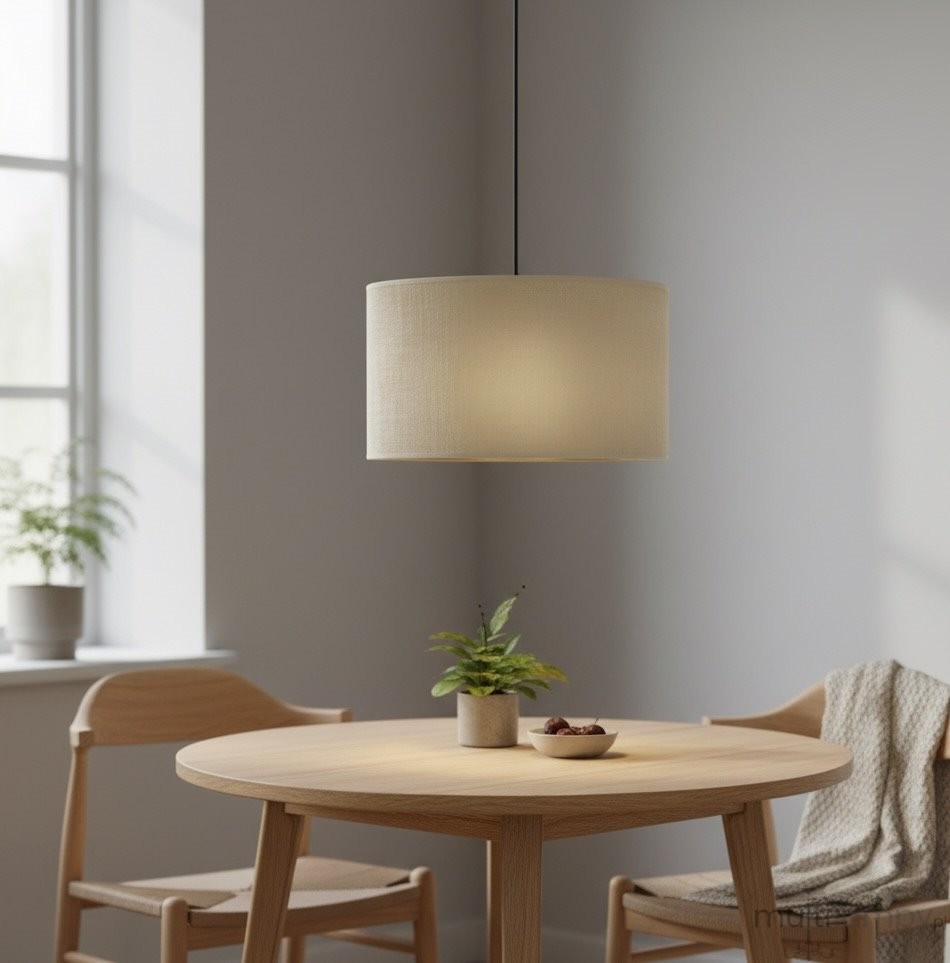 Biała lampa wisząca Hilde z okrągłym abażurem, zawieszona nad okrągłym drewnianym stołem. Lampa o minimalistycznym designie, w otoczeniu rośliny doniczkowej i miseczki z przekąskami, w jasnym wnętrzu z oknem.