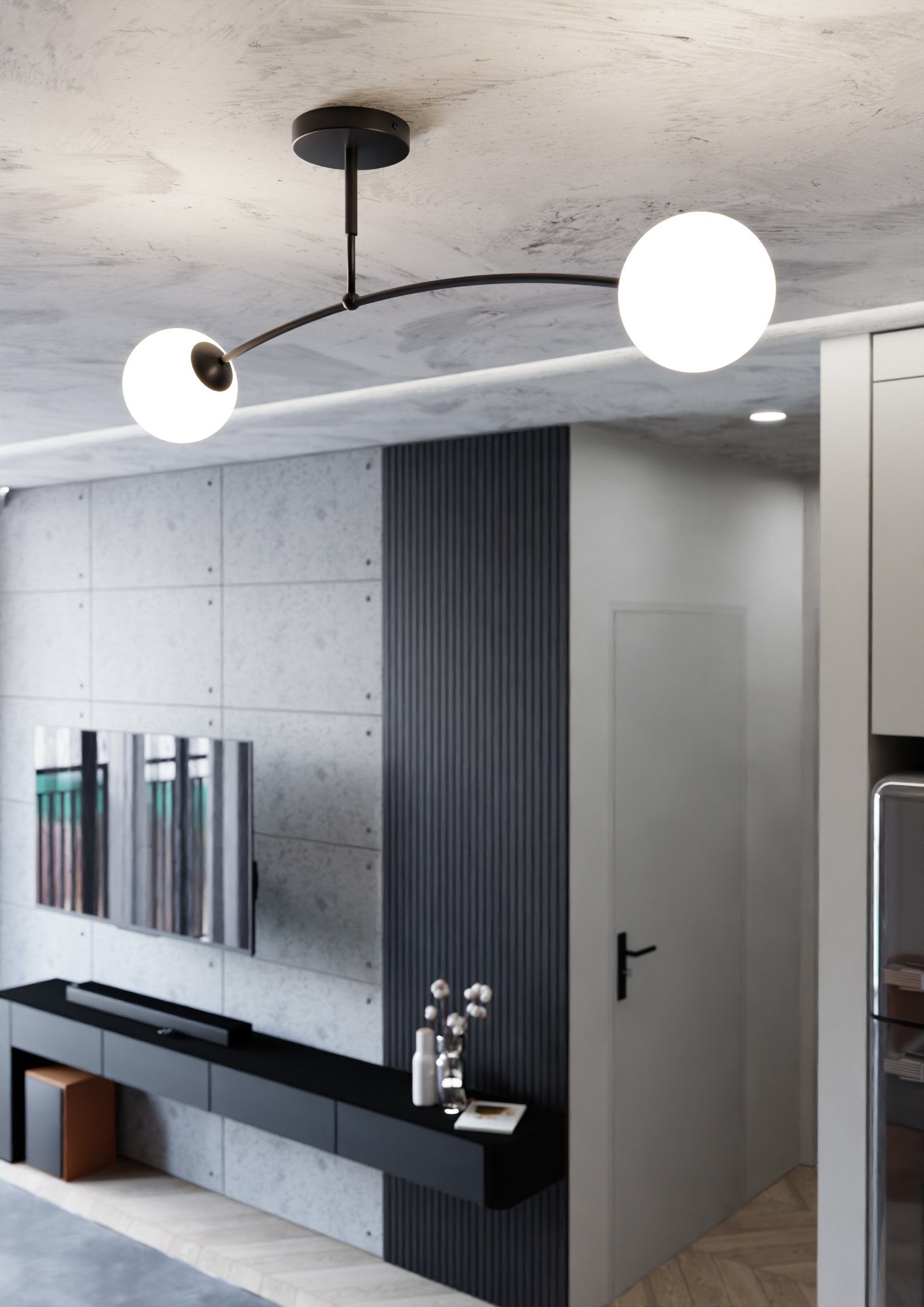 Czarna lampa sufitowa Pregos 2-punktowa, z dwoma okrągłymi kloszami, zawieszona na eleganckiej, zakrzywionej ramie. Ujęcie z góry, w nowoczesnym wnętrzu z minimalistycznym tłem. Klosze emitują białe światło, tworząc przyjemną atmosferę.