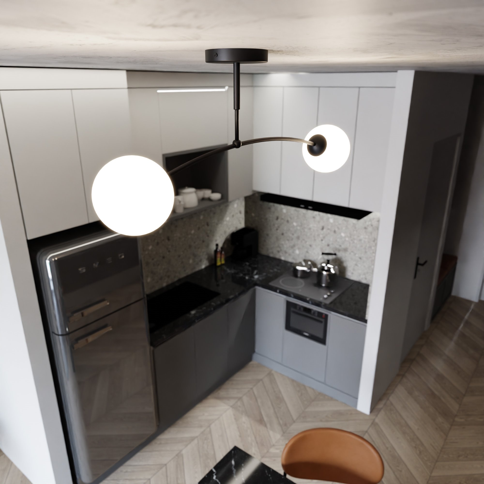 Czarna lampa sufitowa Pregos 2-punktowa z dwoma okrągłymi kloszami w kolorze białym, zamontowana w nowoczesnej kuchni. Widok z góry, z widocznymi szafkami w odcieniach szarości oraz blatem w ciemnym kolorze.