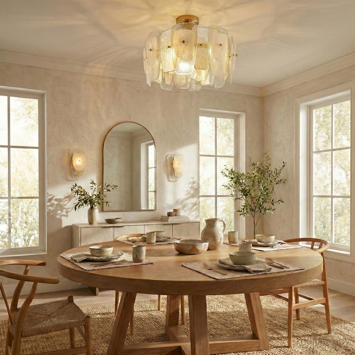 Lampa wisząca Richmond 6xE14 w kolorze mosiężnym, o kształcie okrągłym z przezroczystymi kloszami, zawieszona w jasnym wnętrzu nad okrągłym stołem. W tle widoczne okna, lustro oraz dekoracyjne dodatki.
