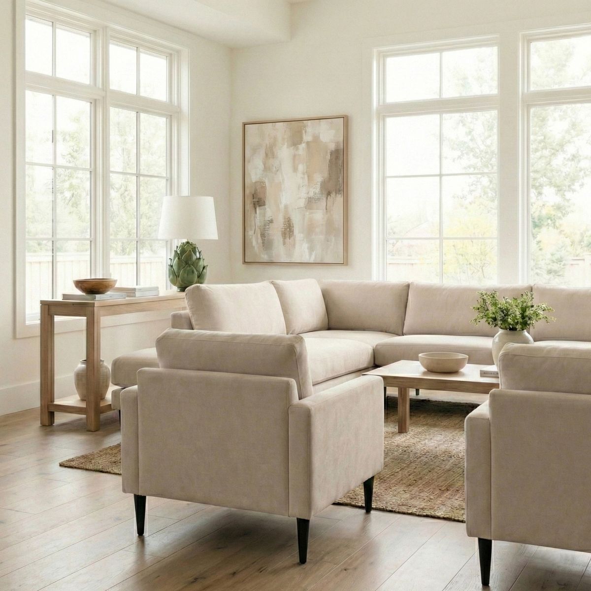 Zielona lampa stołowa Arti z jednym gniazdem E27, umieszczona na drewnianym stoliku w jasnym wnętrzu. Lampa ma okrągły klosz oraz minimalistyczny design, położona obok dekoracyjnej rośliny i obrazu na ścianie.