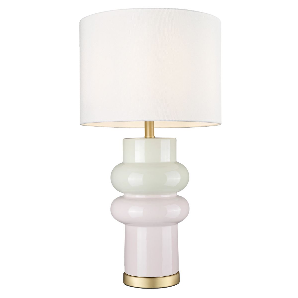 Lampa stołowa Ascot w kolorze mosiężnym z różową podstawą z ceramiki. Okrągły klosz z białego materiału. Kształt podstawy o zaokrąglonych formach, stojąca na złotej podstawie. Idealna do nowoczesnych wnętrz.