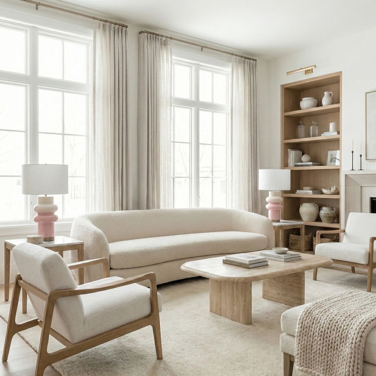 Lampa stołowa Ascot 1xE27 w kolorze mosiężnym z różowym abażurem, ustawiona na drewnianym stoliku obok sofy. W tle jasne okna i półka z dekoracjami, tworzące nowoczesne wnętrze.