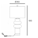 Lampa stołowa Ascot, mosiężna z czarnym abażurem, o wysokości 560 mm i średnicy 360 mm. Posiada okrągłą podstawę oraz dekoracyjny korpus w kształcie kilku kul. Widoczny kabel z wtyczką.