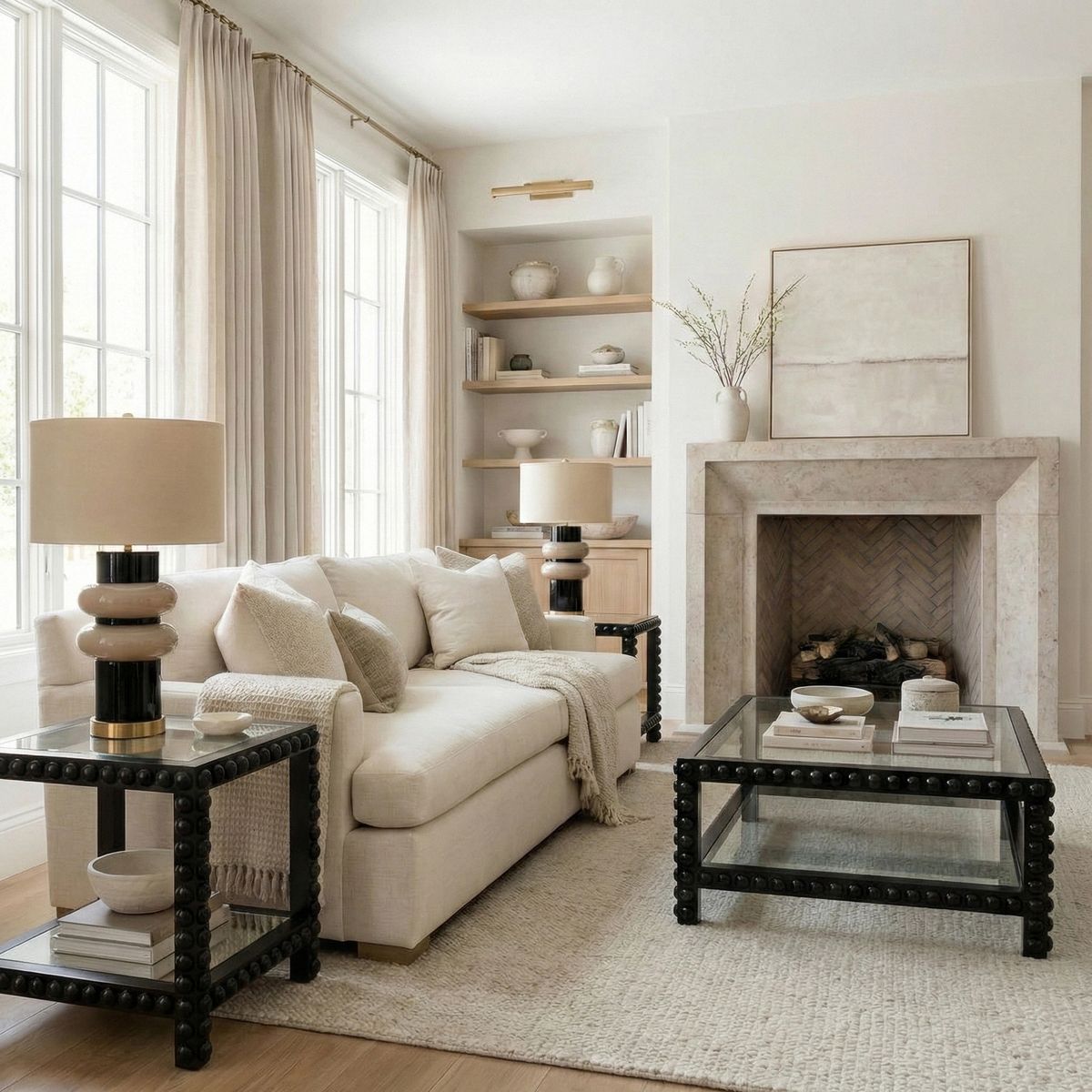 Lampa stołowa Ascot 1xE27 w kolorze mosiądzu i czerni, z okrągłym abażurem, umieszczona na czarnej podstawie. Produkt widoczny na stoliku obok kanapy w jasnym wnętrzu z dużymi oknami i minimalistyczną dekoracją.