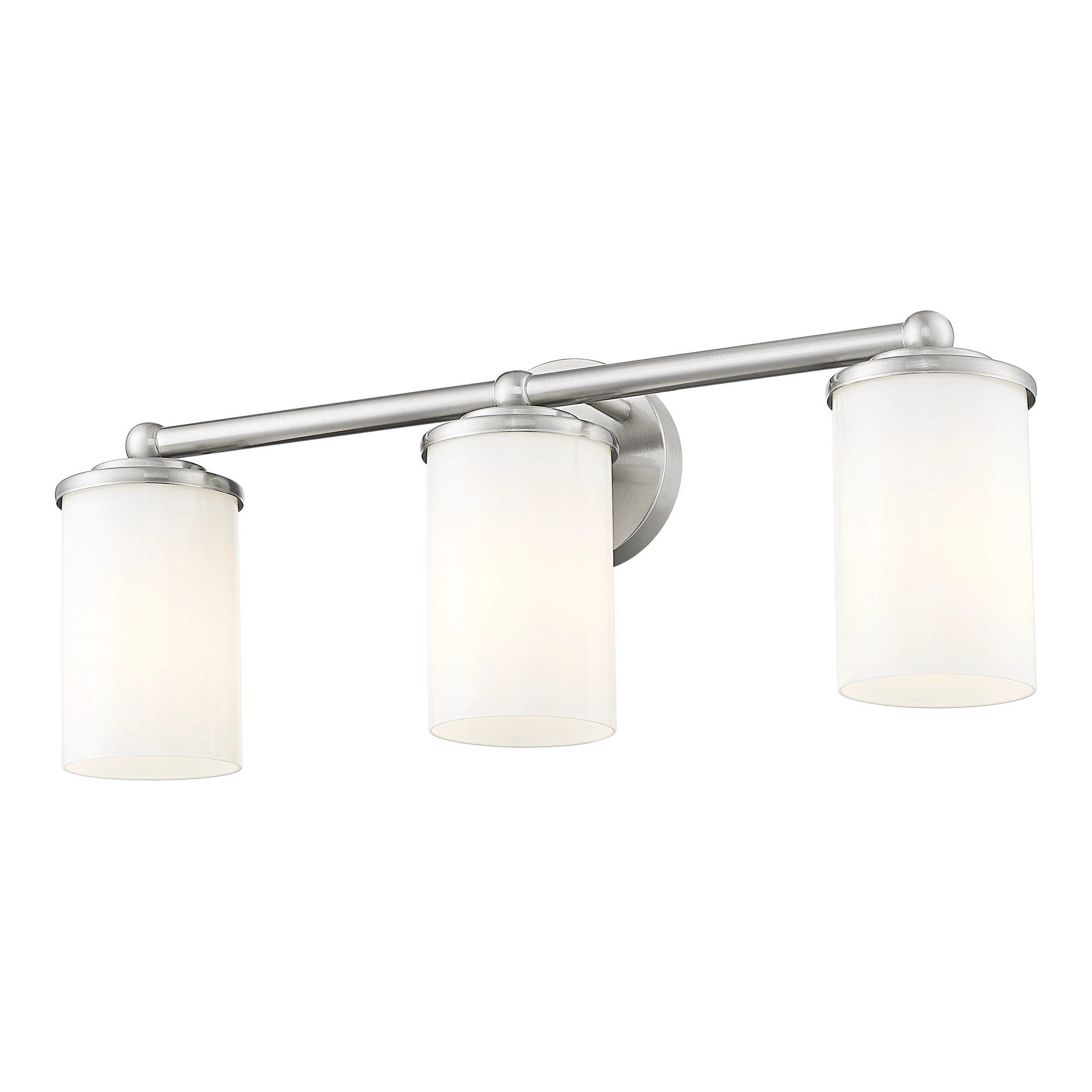 Kinkiet Jersey 3xE27 w wykończeniu nikiel satyna, z trzema cylindrycznymi kloszami z matowego szkła. Produkt zamontowany na ścianie, z widoczną stalową konstrukcją. Idealny do nowoczesnych wnętrz.