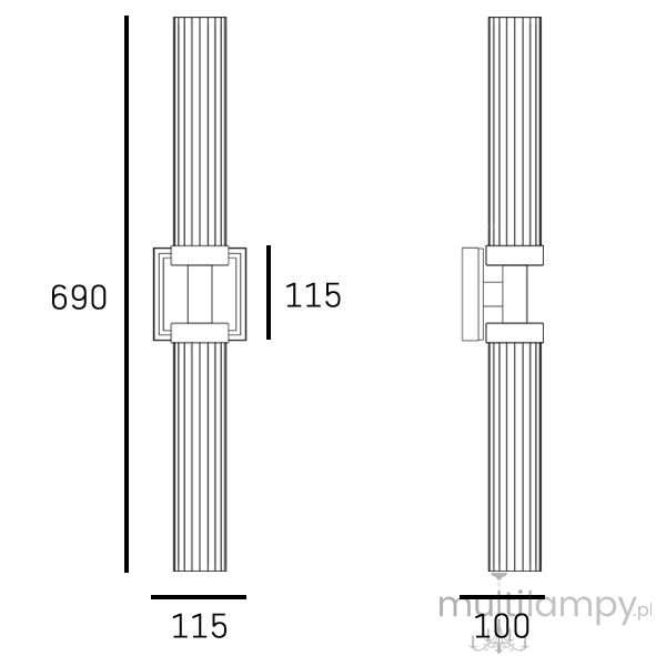 Kinkiet Quincy 2xE27 w wykończeniu niklu satynowego, o wymiarach 690 mm wysokości i 115 mm szerokości. Posiada prostą, elegancką formę z poziomymi żłobieniami. Montaż do ściany, idealny do nowoczesnych wnętrz.