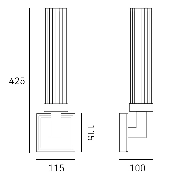 Kinkiet Quincy w kolorze mosiądzu, z oprawą na jedną żarówkę E27. Posiada prostokątną podstawę o wymiarach 115x115 mm oraz pionowy, żłobkowany klosz o wysokości 425 mm. Montowany na ścianie, w eleganckim, klasycznym stylu.