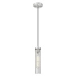 Lampa wisząca Quincy 1xE27 w kolorze nikiel satyna, z przezroczystym, prostokątnym kloszem i metalowym mocowaniem. Zawieszona na czarnym przewodzie, idealna do nowoczesnych wnętrz.