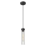 Lampa wisząca Quincy w kolorze czarnym, z metalowym mocowaniem i przezroczystym kloszem w formie cylindrycznej, zawieszona na cienkim przewodzie. Wewnątrz widoczna żarówka E27. Tło proste, białe.