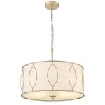 Lampa wisząca Norfolk 4xE27 w kolorze mosiądzu, o okrągłym abażurze z jasnej tkaniny z dekoracyjnymi, owalnymi wycięciami. Zawieszona na metalowym łańcuchu, idealna do nowoczesnych wnętrz.