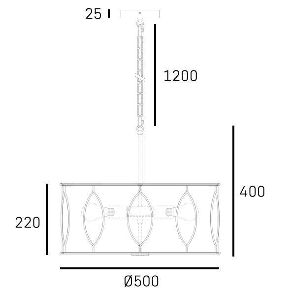 Lampa wisząca Norfolk w kolorze mosiądzu, z czterema miejscami na żarówki E27. Okrągły klosz o średnicy 500 mm i wysokości 400 mm, zawieszony na 1200 mm łańcuchu. Prosta konstrukcja z dekoracyjnymi elementami.