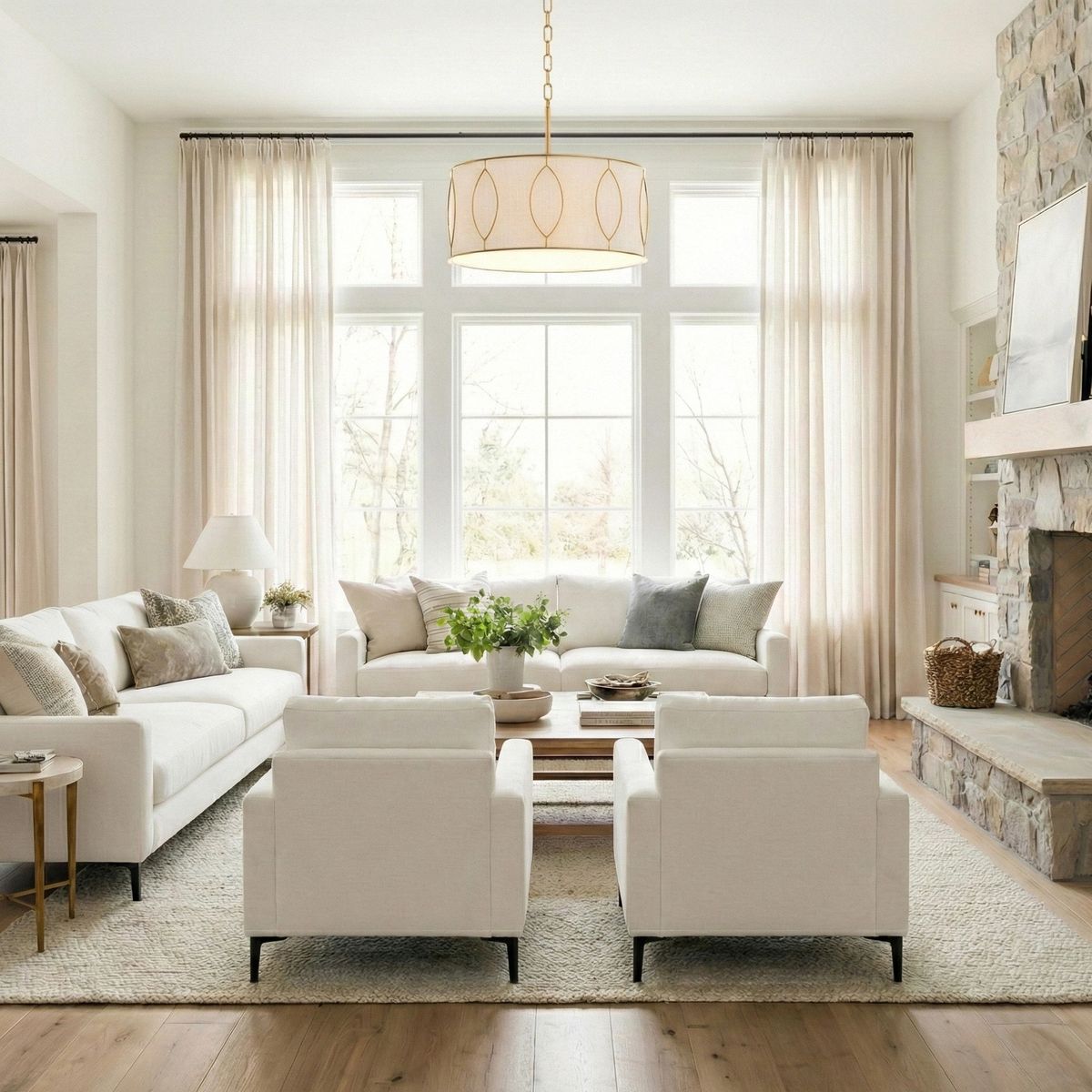 Lampa wisząca Norfolk 4xE27 w kolorze mosiądzu z okrągłym kloszem o delikatnym wzorze, zawieszona na złotej łańcuchu. Widoczna w jasnym, nowoczesnym salonie z białymi meblami i dużymi oknami.