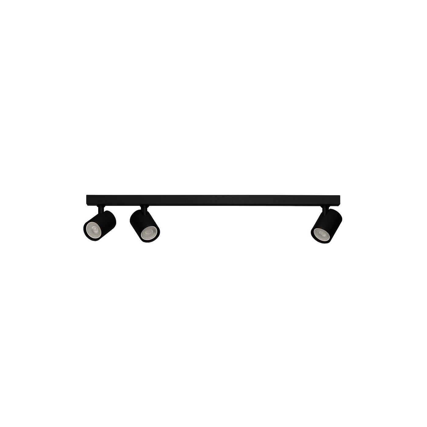 Czarna lampa sufitowa Exo Line z trzema reflektorami GU10, umieszczona na prostokątnej podstawie. Reflektory mają cylindryczny kształt, skierowane są w różnych kierunkach, co umożliwia regulację oświetlenia. Produkt montowany sufitowo, na białym tle.