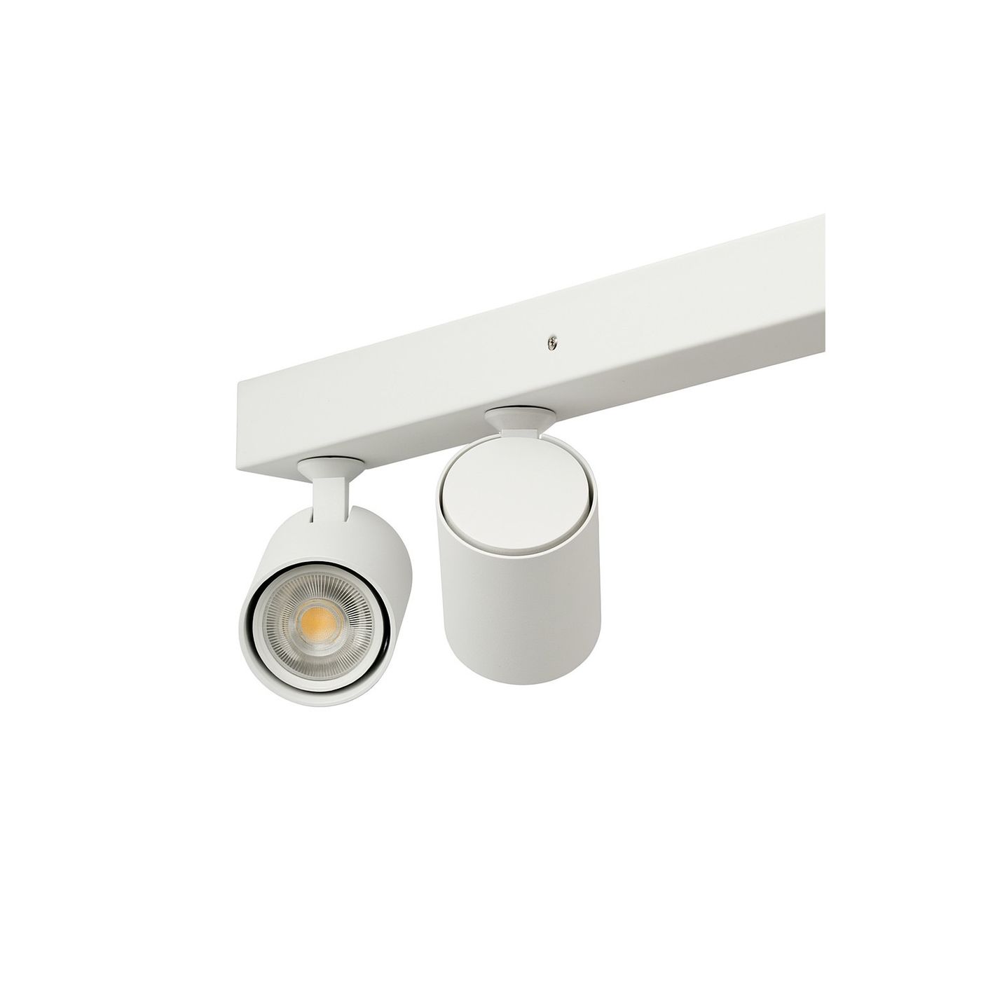 Lampa sufitowa Exo Line z trzema reflektorami GU10, w kolorze białym. Konstrukcja składa się z prostokątnego stelaża z dwoma okrągłymi kloszami, jeden z nich z żarówką. Zamontowany na suficie, prosty design, odpowiedni do nowoczesnych wnętrz.