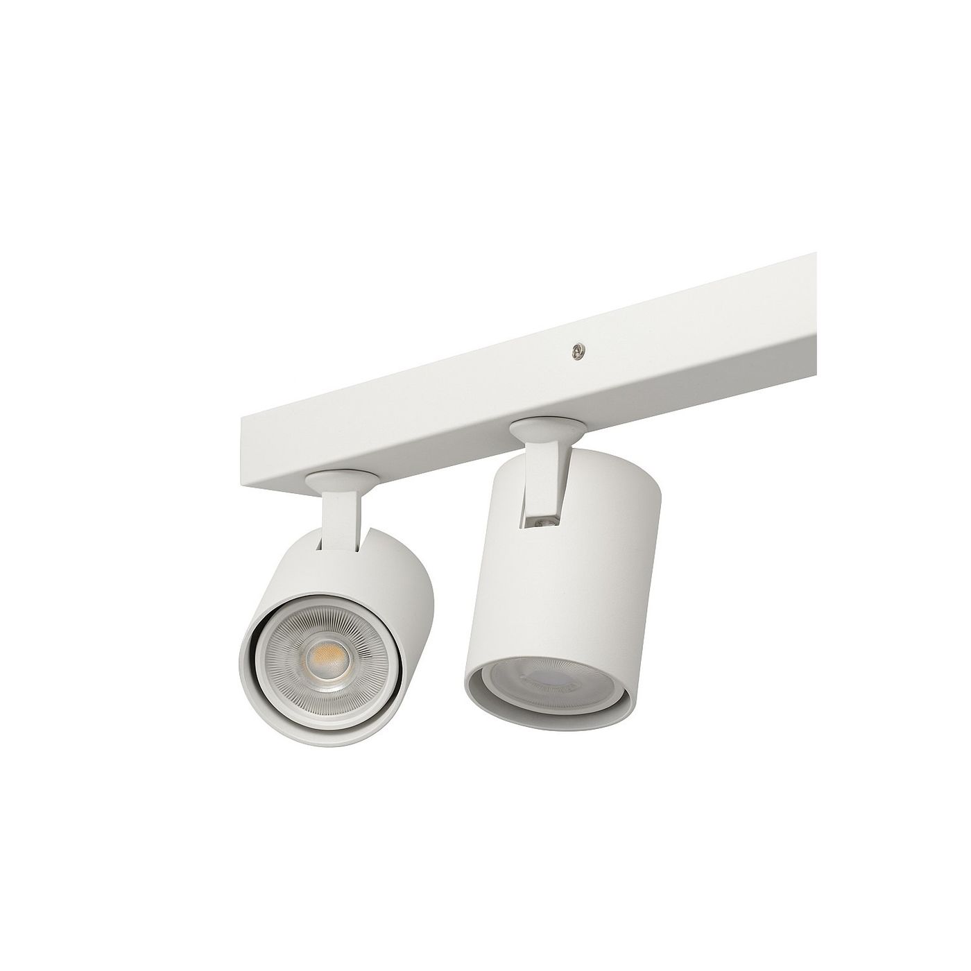 Biała lampa sufitowa Exo Line z czterema spotami na żarówki GU10. Ułożona poziomo, z dwiema lampami widocznymi w zbliżeniu, na prostokątnej podstawie. Prosta forma i matowe wykończenie.