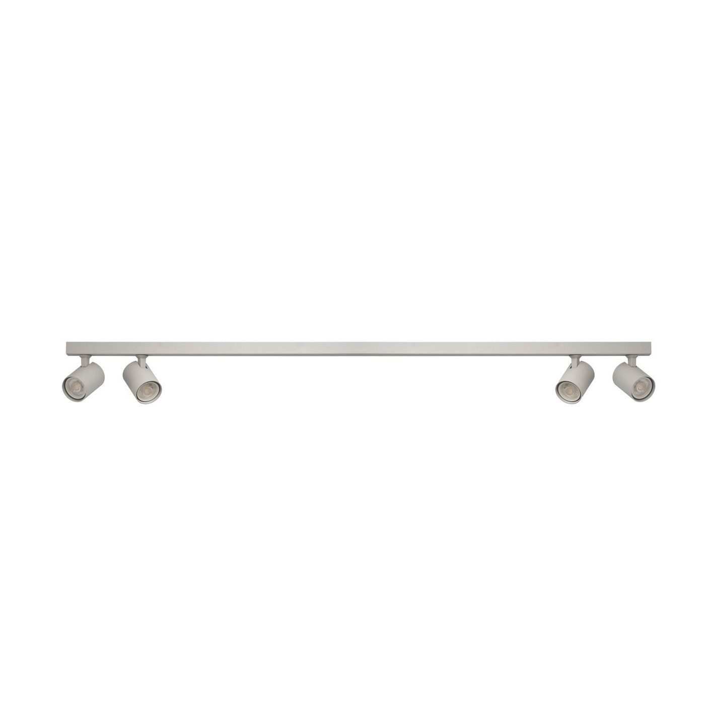 Lampa sufitowa Exo Line w kolorze białym, z czterema ruchomymi reflektorami GU10, zamontowana na długiej, prostokątnej listwie. Ujęcie frontalne, na jednolitym tle. Reflektory mają cylindryczny kształt, zapewniają kierunkowe oświetlenie.