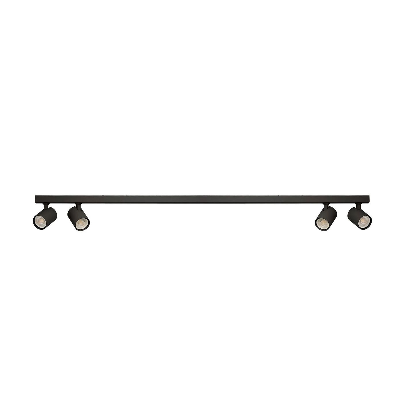 Lampa sufitowa Exo Line w kolorze czarnym z czterema punktami świetlnymi GU10. Prosta, pozioma konstrukcja z zaokrąglonymi kloszami, montowana pod sufitem, idealna do nowoczesnych wnętrz.