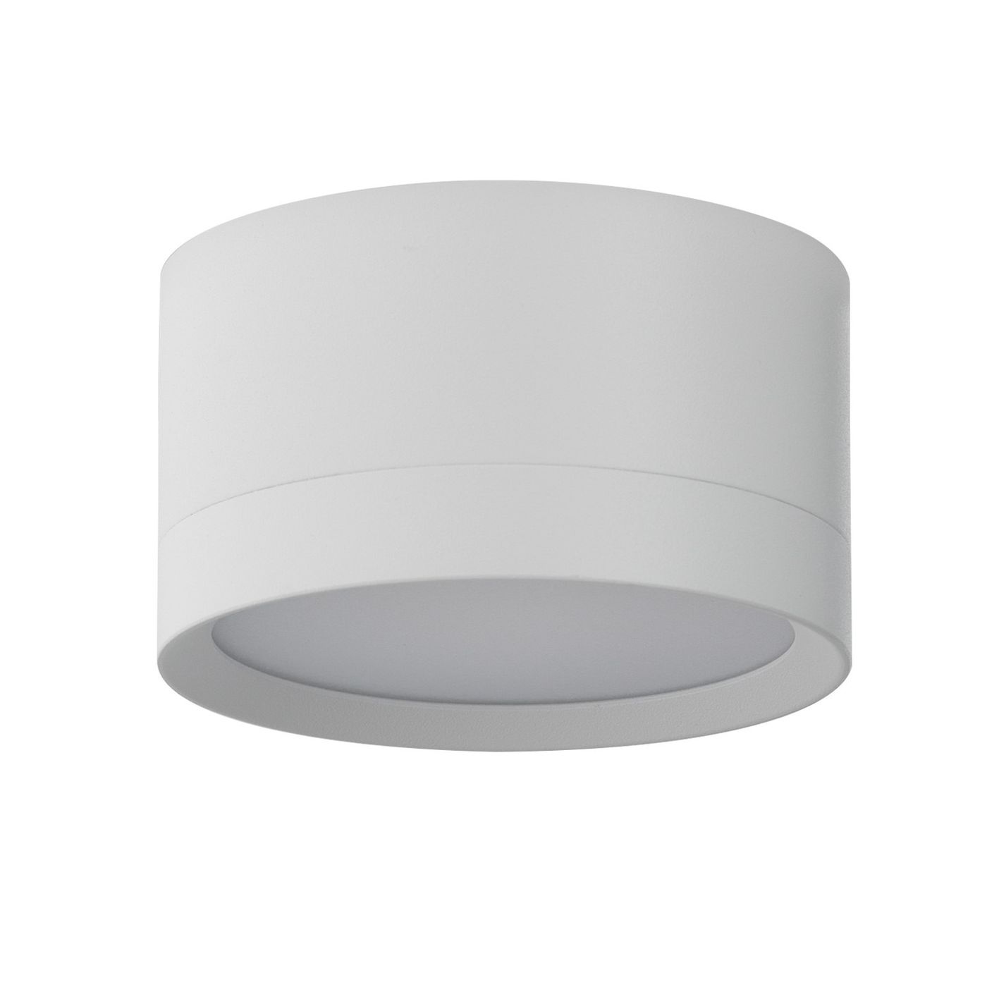 Lampa sufitowa Marton GX53 IP44 w kolorze białym, o okrągłym kształcie z matowej obudowy. Ujęcie z boku, ukazujące gładką powierzchnię oraz zamknięty klosz z białego materiału. Idealna do wnętrz i na zewnątrz.