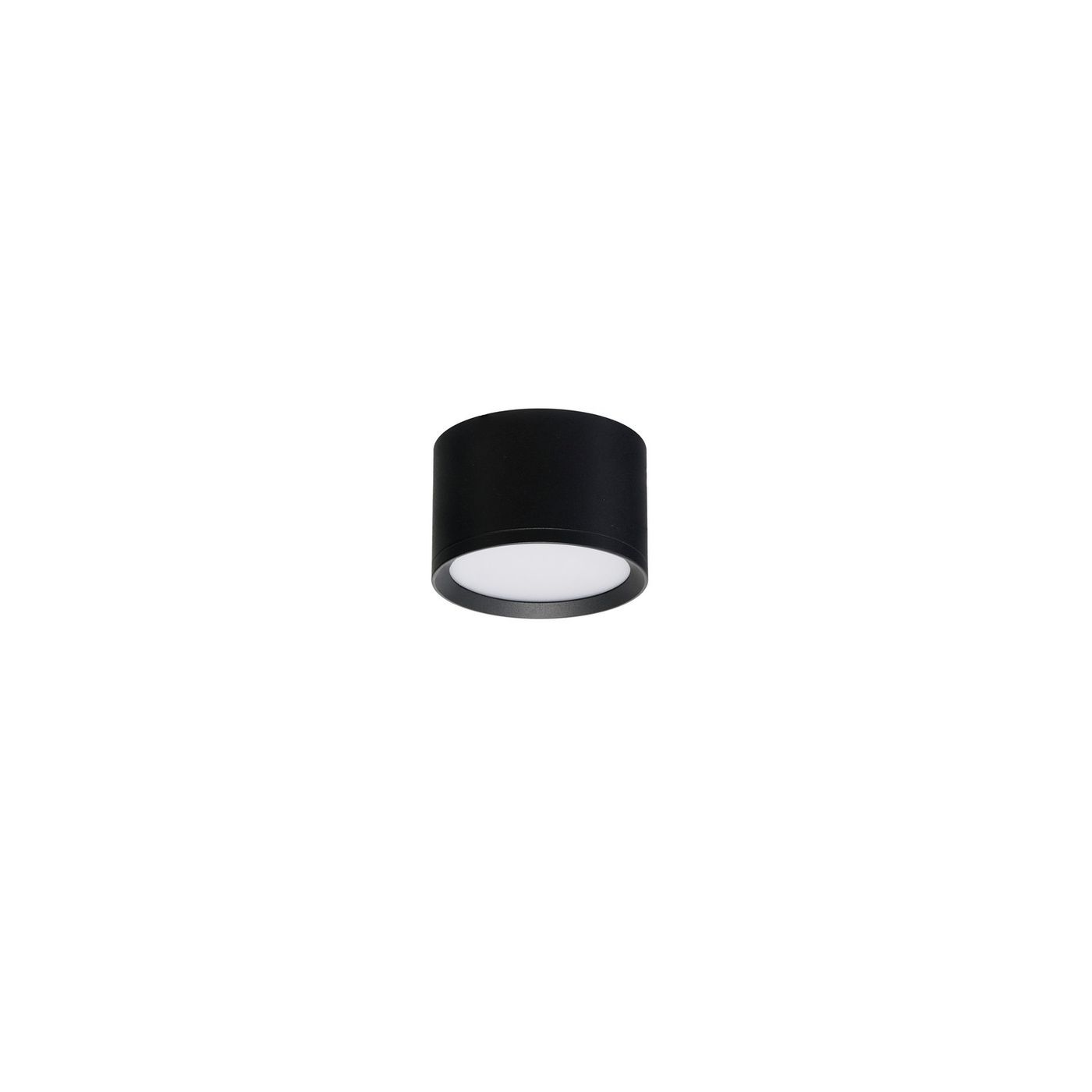 Lampa sufitowa LED Flume o mocy 8W, kolor czarny, o okrągłym kształcie. Posiada białą, matową osłonę, przeznaczona do użytku wewnętrznego z klasą szczelności IP44. Zbliżenie z boku, na białym tle.