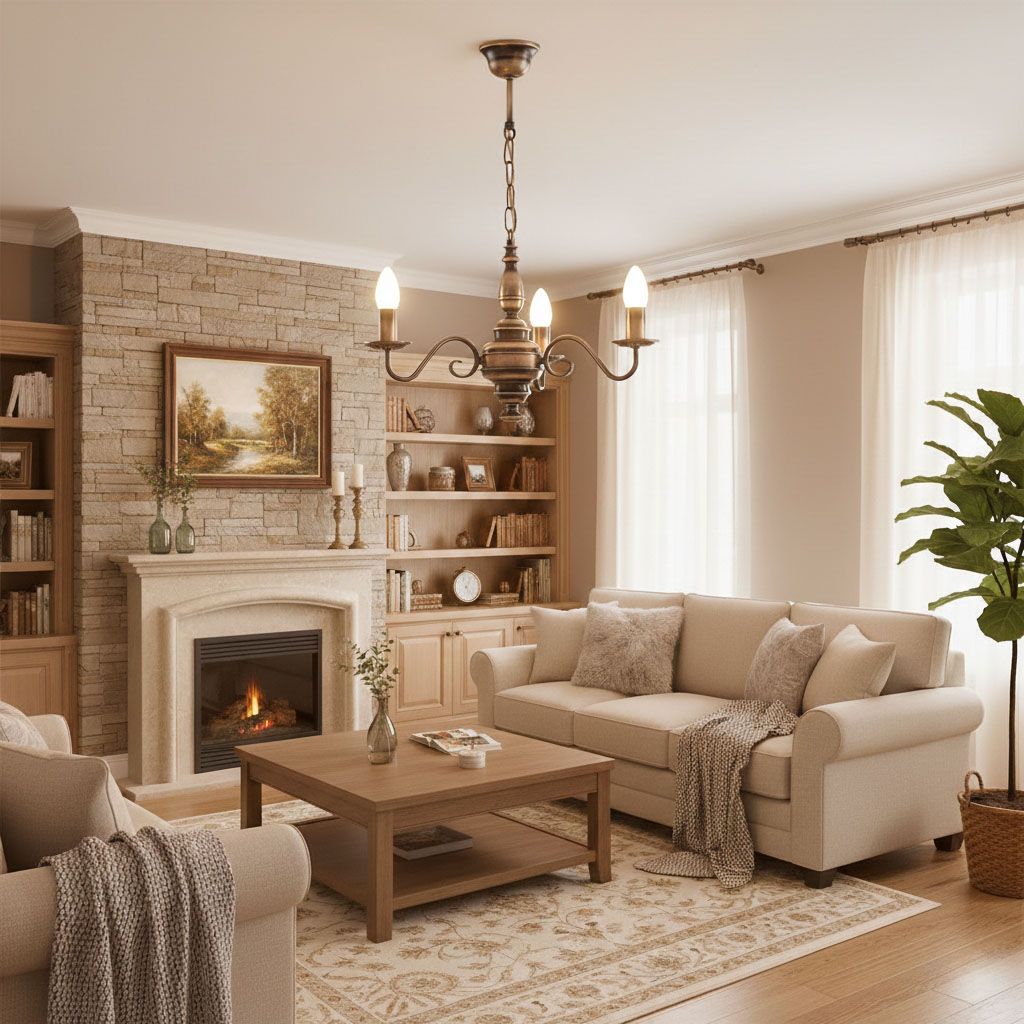 Żyrandol świecznikowy Velita 3xE14 w kolorze patyny, zawieszony w salonie. Ma cztery eleganckie, lekko zaokrąglone ramiona, zakończone szklanymi kloszami. W tle widoczny kominek, kanapa i półki z dekoracjami.