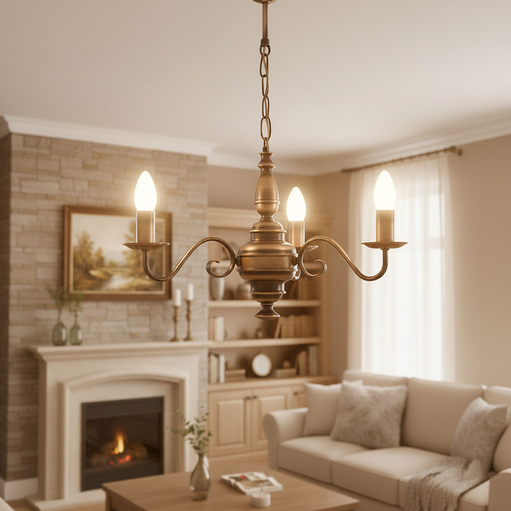 Żyrandol świecznikowy Velita w kolorze patyny, z trzema ramionami na żarówki E14. Ujęcie frontalne, zawieszony na łańcuchu. Otoczenie: elegancki salon z kominkiem, drewnianymi meblami i jasnymi zasłonami.