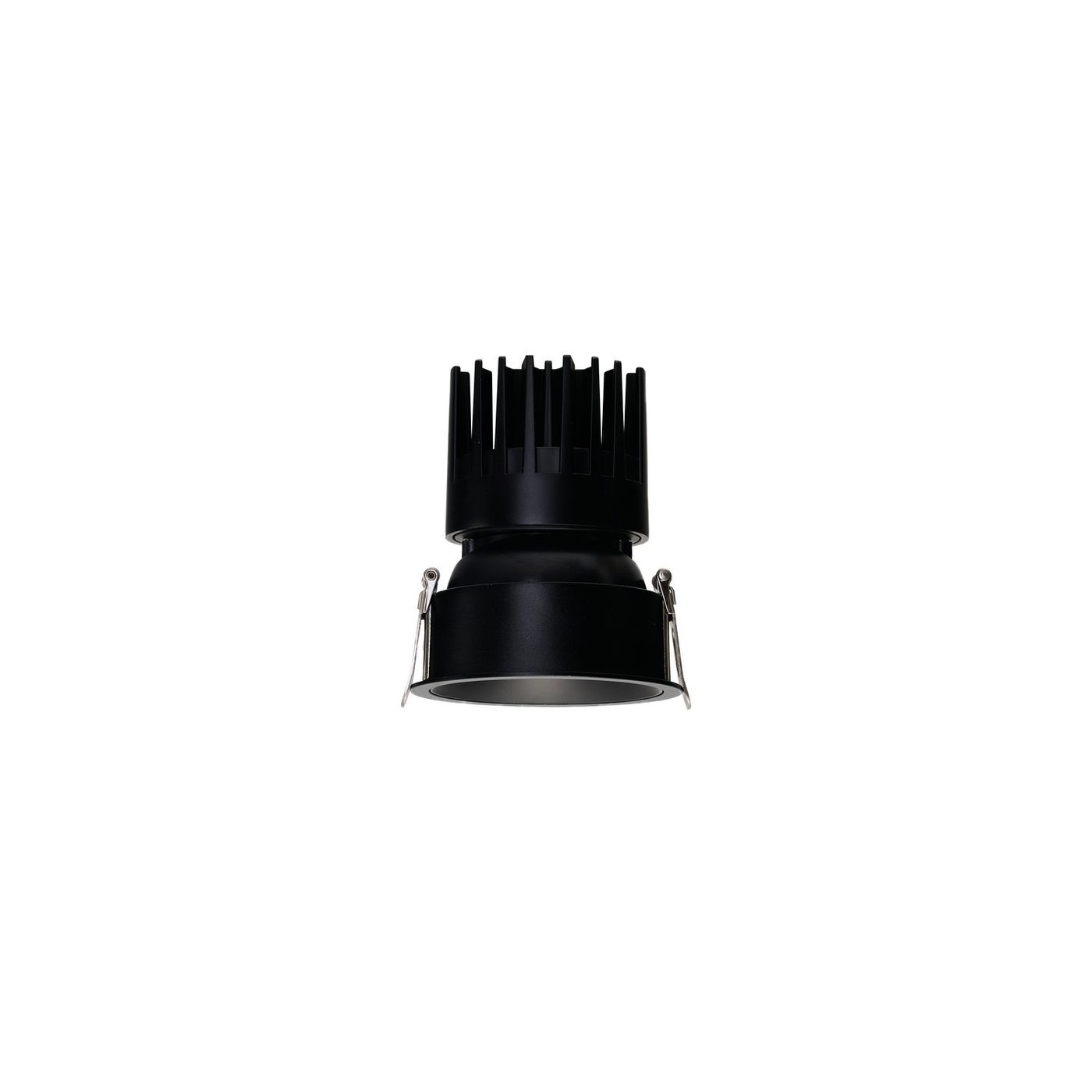 Oprawa sufitowa LED Mirt 8W IP65 w kolorze czarnym, z widocznymi żeberkami chłodzącymi. Ujęcie frontalne, produkt montowany, z widocznym miejscem na źródło światła. Idealna do zabudowy, zapewnia ciepłe światło o temperaturze 3000K.