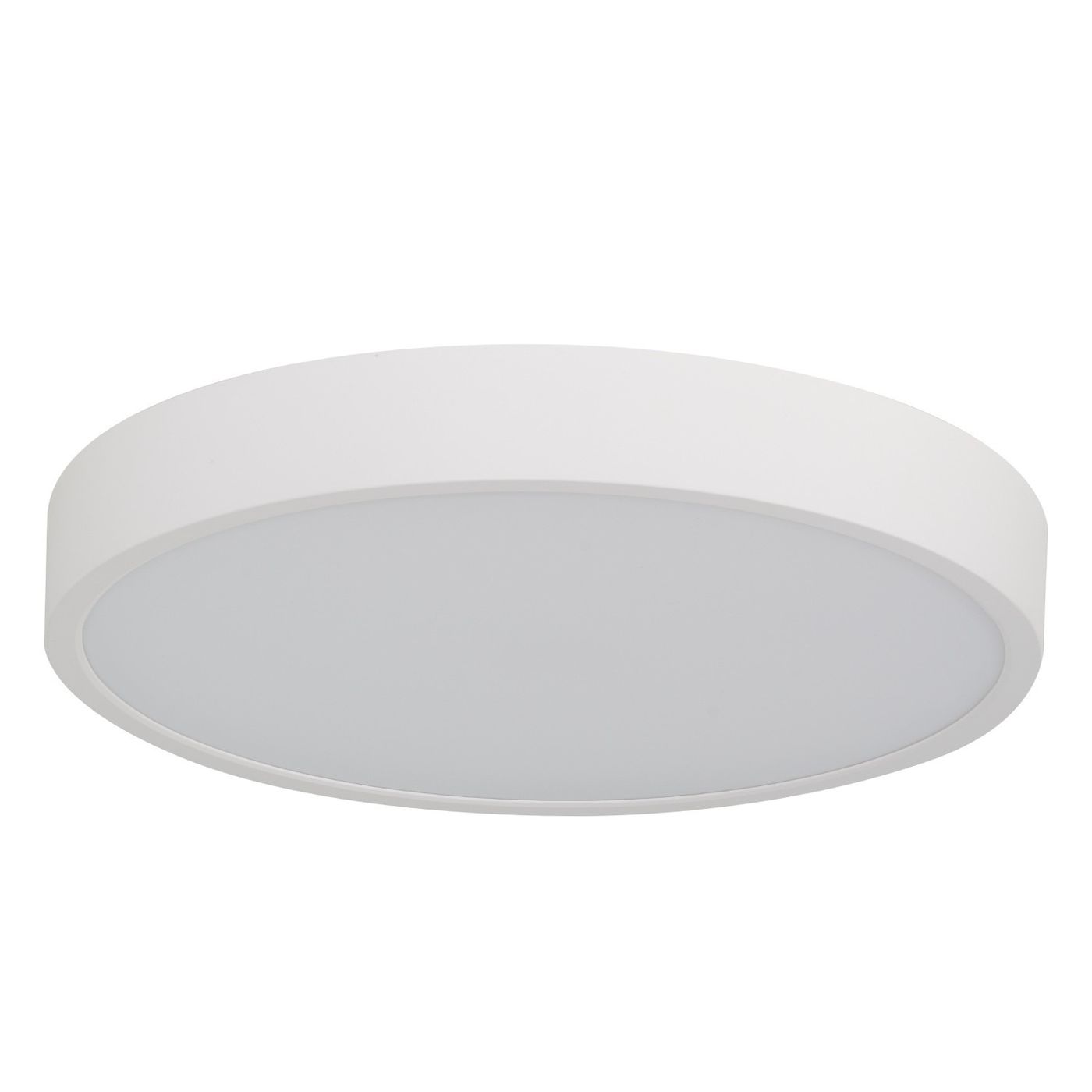 Plafon LED Pandino D30 w kolorze białym, średnica okrągła, z czujnikiem ruchu, moc 24W, klasa IP44. Zbliżenie na gładką powierzchnię lampy, zamontowane na suficie. Prosty, minimalistyczny design.