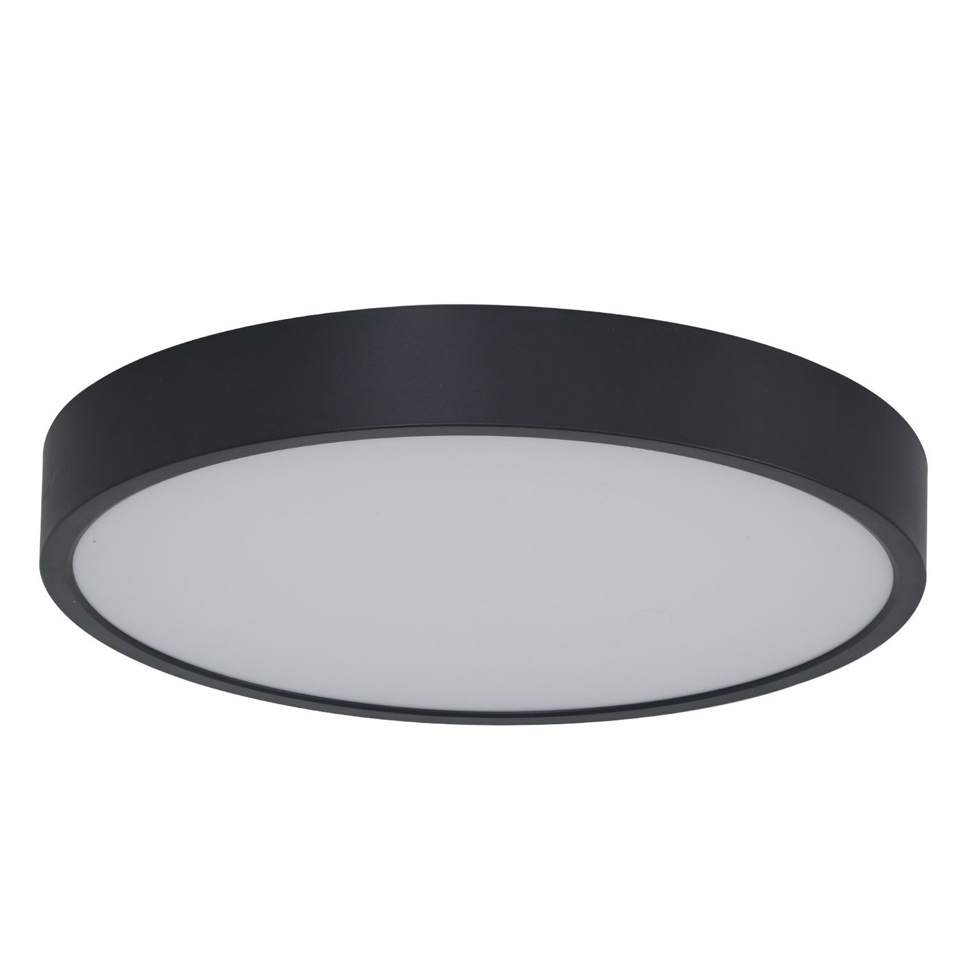 Plafon Pandino D30 w kolorze czarnym, z okrągłym, matowym kloszem oraz białą, lekko przezroczystą powierzchnią. Posiada czujnik ruchu, moc LED 24W, stopień ochrony IP44. Widok z boku, zamontowany na suficie.