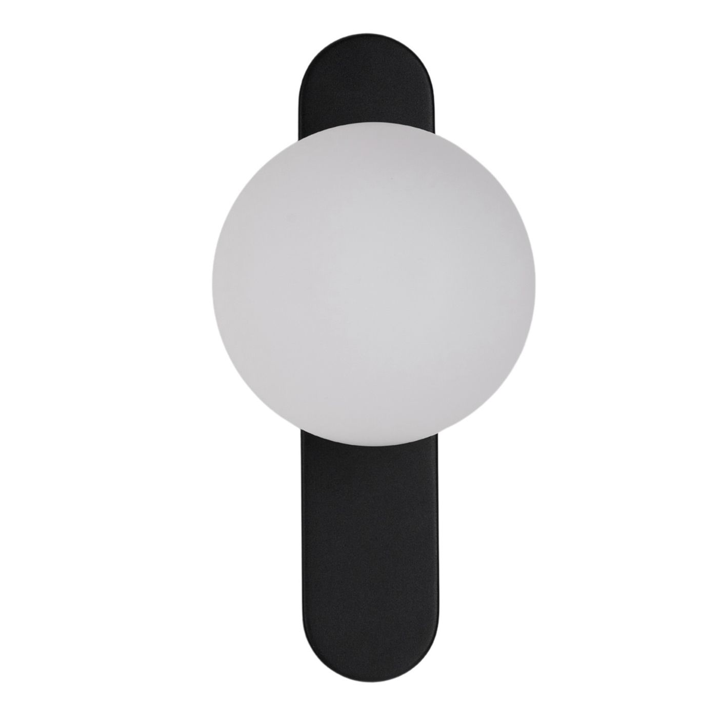 Kinkiet LED Elmo 5W IP44 w kolorze czarnym, z okrągłą, mleczną kloszem, umieszczony na prostokątnej podstawie. Ujęcie frontalne, produkt zamontowany na ścianie. Idealny do użytku wewnętrznego i zewnętrznego.