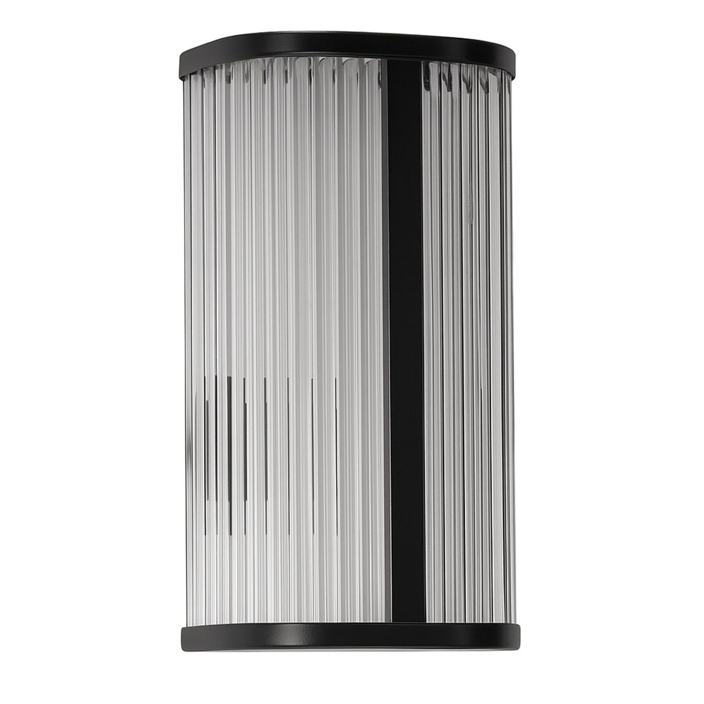 Pandora kinkiet LED 11W CCT IP44 w kolorze czarnym, o cylindrycznym kształcie z przezroczystymi, poziomymi pasami. Ujęcie frontalne, produkt zamontowany na ścianie, z widocznym detalem w postaci metalowego mocowania.