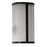 Pandora kinkiet LED 11W CCT IP44 w kolorze czarnym, o cylindrycznym kształcie z przezroczystymi, poziomymi pasami. Ujęcie frontalne, produkt zamontowany na ścianie, z widocznym detalem w postaci metalowego mocowania.