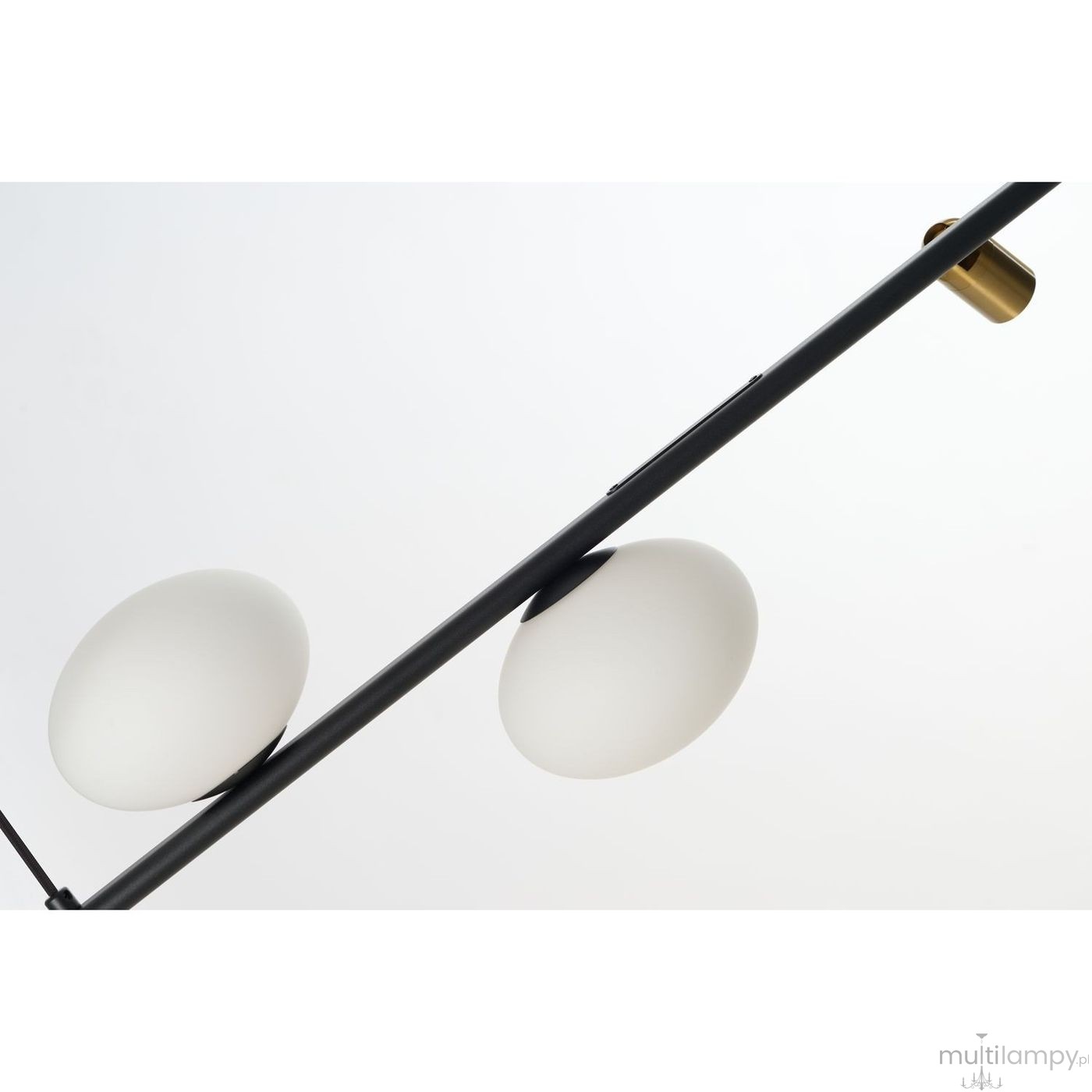 Lampa wisząca Trasimeno w kolorze czarnym, z dwoma okrągłymi kloszami w białym matowym wykończeniu. Ujęcie z góry, na prostym tle, pokazujące detale konstrukcji i zamocowanie. Wyposażona w dwa źródła światła LED 10W i dwa gniazda G9.