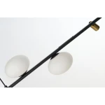 Lampa wisząca Trasimeno w kolorze czarnym, z dwoma okrągłymi kloszami w białym matowym wykończeniu. Ujęcie z góry, na prostym tle, pokazujące detale konstrukcji i zamocowanie. Wyposażona w dwa źródła światła LED 10W i dwa gniazda G9.